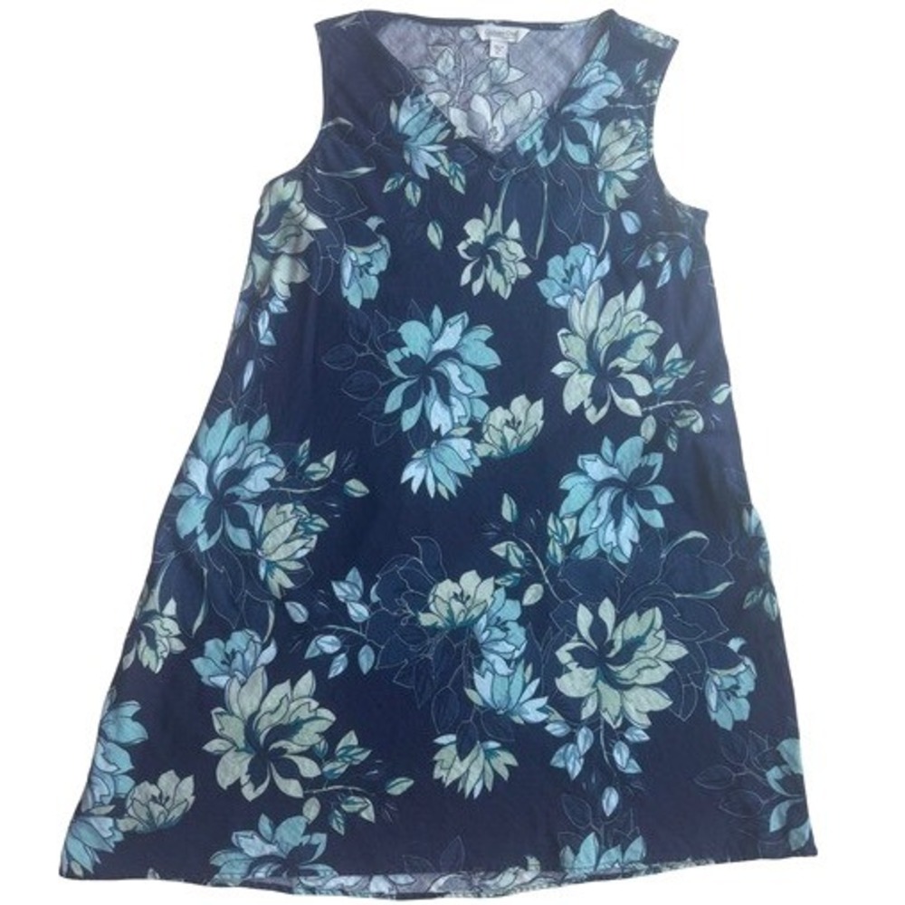 Coldwater Creek Navy Floral Cotton Sleeveless V-Neck Shift Dress Petite Large PL